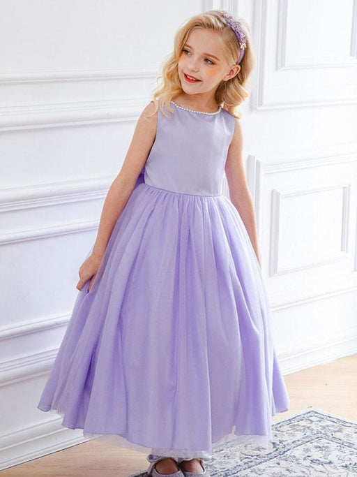 Flower Girl Dresses Purple Jewel Neck Sleeveless Polyester Tulle Beaded Kids Social Party Dresses