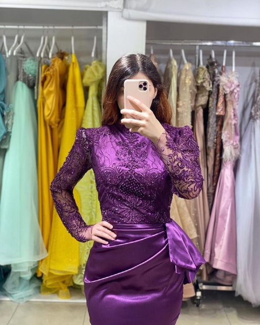 Purple Long Sleeves Mermaid Prom Gown with Soft Floral Lace Appliques - Prom Dresses