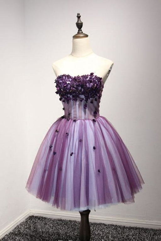 Purple Strapless Sleeveless Appliques Flower Short Formal Dresses with Beads - Prom Dresses