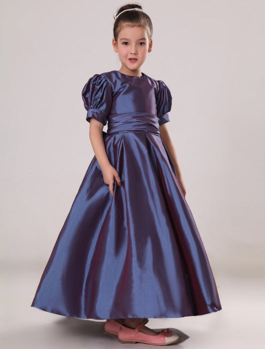 Flower Girl Dress Plum Purple Taffeta Ruched Toddlers Pageant Dress Short Sleeve Princess Floor Length Kids Party Dress