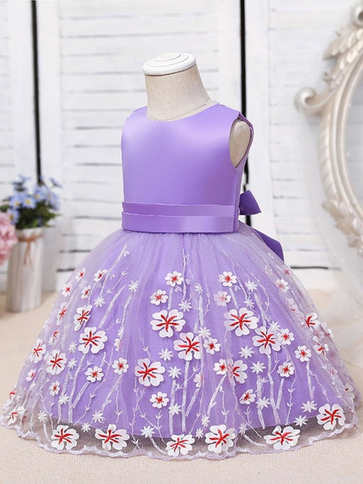 Flower Girl Dresses Purple Jewel Neck Polyester Polyester Cotton Tulle Sleeveless Knee-Length A-Line Embroidered Kids Party Dresses