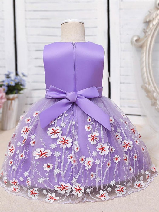 Flower Girl Dresses Purple Jewel Neck Polyester Polyester Cotton Tulle Sleeveless Knee-Length A-Line Embroidered Kids Party Dresses