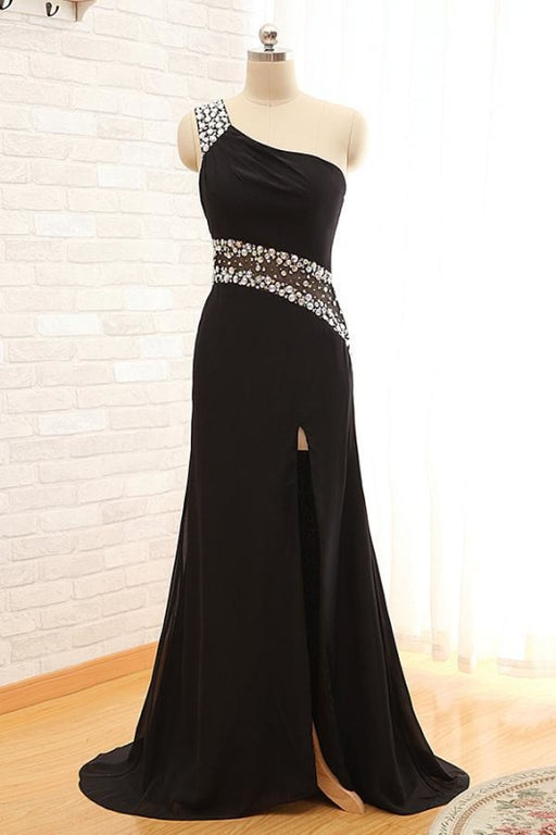 R10 One Shoulder Sheer Back Beading Black Split Prom Dress - Prom Dresses