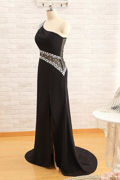 R10 One Shoulder Sheer Back Beading Black Split Prom Dress - Prom Dresses