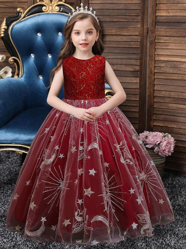 Red Flower Girl Dresses Jewel Neck Sleeveless Ankle-Length A-Line Embroidered Polyester Kids Party Dresses