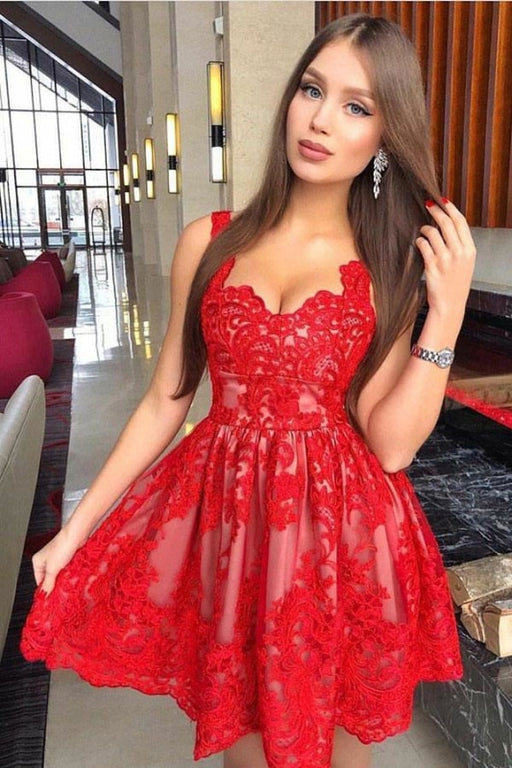 Red A-Line Straps Homecoming with Appliques Short Appliqued Prom Dress - Prom Dresses