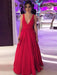 Red A Line V Neck Backless Long Prom Dresses, V Neck Red Formal Dresses, Red Evening Graduation Dresses