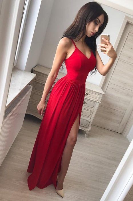 Red A Line V Neck Floor Length Long Prom with Side Leg Slit, Red Long Bridelily Red A Line V Neck Floor Length Long Prom with Side Leg Slit, Red Long Bridelily