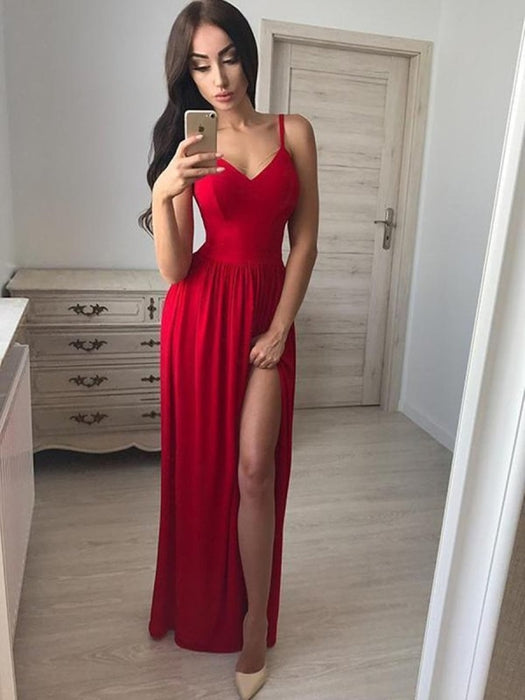 Custom Made Red A Line V Neck Floor Length Long Prom Dresses with Side Leg Slit, Red Long Formal Dresses Evening Dresses, Red Graduation Dresses