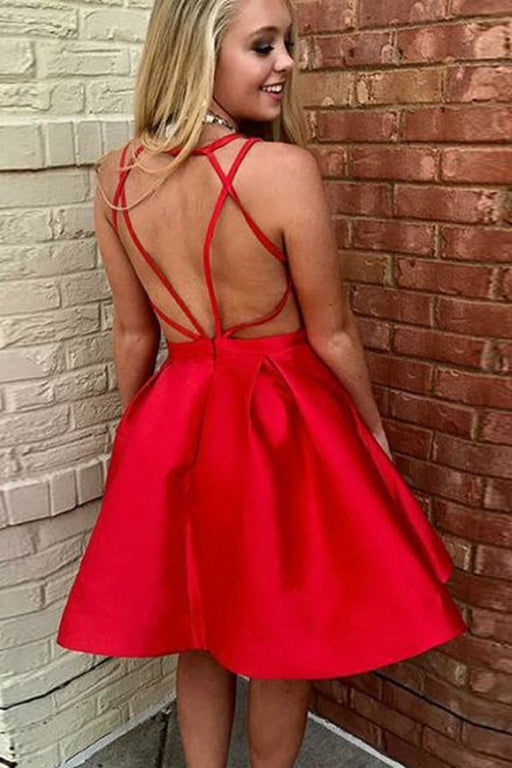 Red A-Line V-Neck Open Back Knee Length Satin Homecoming Dress Short Prom Gown - Prom Dresses