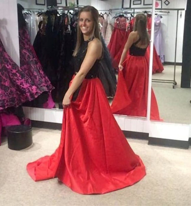 Red and Black A-line Jewel Split Sleeveless Lace Long Prom Party Dress - Prom Dresses