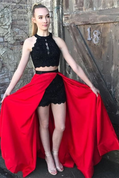 Red and Black A-line Jewel Split Sleeveless Lace Long Prom Party Dress - Prom Dresses