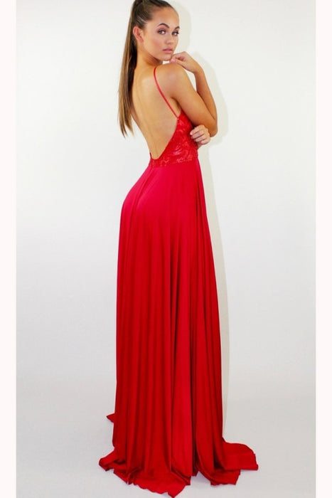 Red Backless Prom Dresses Side Slit Long Party Dress with Lace - Prom Dresses