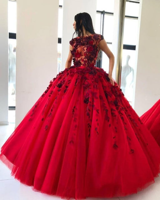 Red Ball Gown Prom with Appliques Floor Length Tulle Quinceanera Dress - Prom Dresses