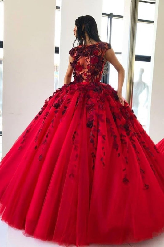 Red Ball Gown Prom with Appliques Floor Length Tulle Quinceanera Dress - Prom Dresses
