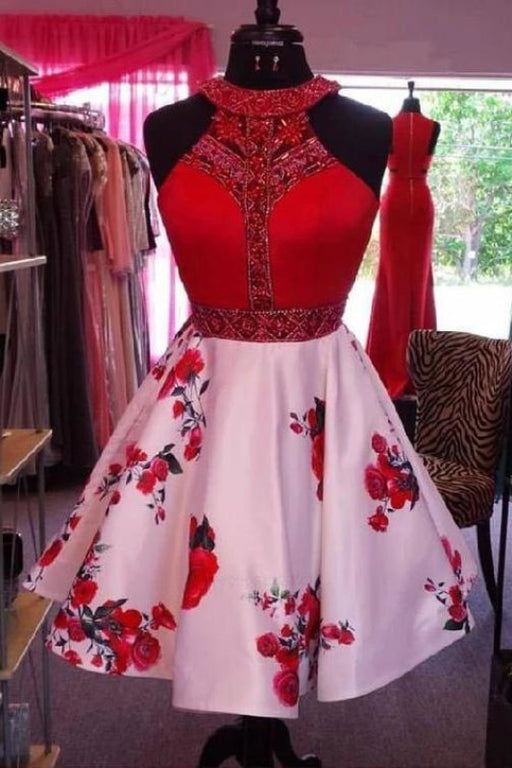 Red Beaded Halter Short Floral Print Homecoming Sleeveless Cocktail Dresses - Prom Dresses