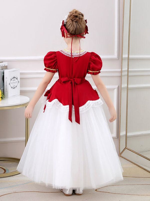 Red Flower Girl Dresses Square Neck Short Sleeves Ankle-Length Princess Tulle Flowers Kids Party Dresses