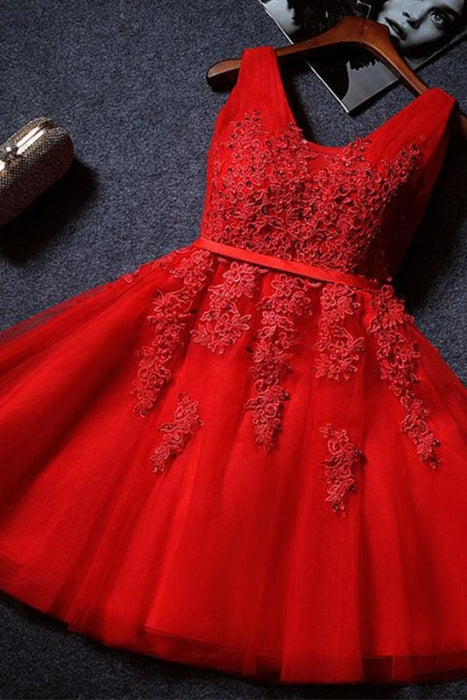Red Cute V Neck Sleeveless Appliques Tulle Homecoming Gown A Line Short Prom Dress - Prom Dresses