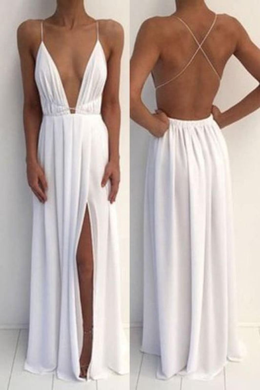 Red Deep V-neck Chiffon Backless Prom with Slit Sexy Evening Dresses Maxi Dress - Prom Dresses