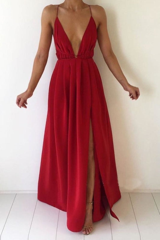 Red Deep V-neck Chiffon Backless Prom with Slit Sexy Evening Dresses Maxi Dress - Prom Dresses