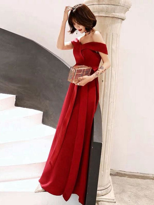 Red Evening Dress 2021 Off Shoulder Floor Length Satin Sash Social Prom Party Dresses