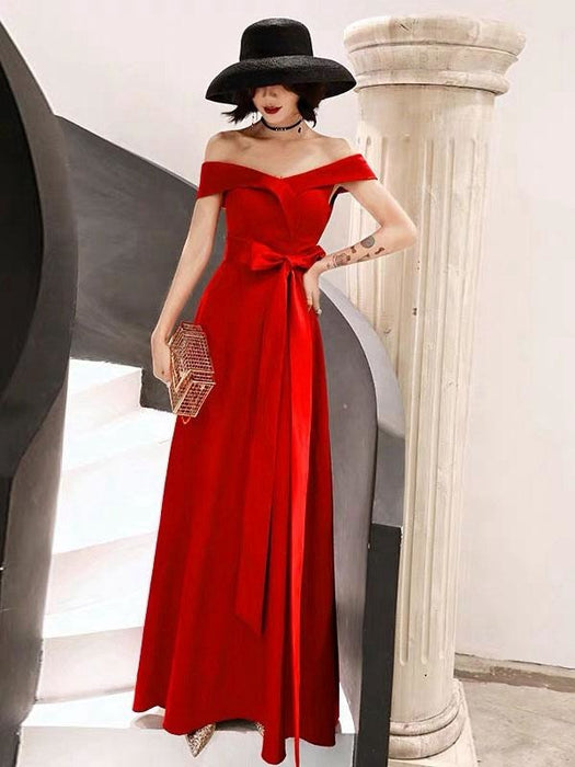 Red Evening Dress 2021 Off Shoulder Floor Length Satin Sash Social Prom Party Dresses