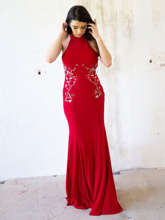 Red Evening Dress Sheath Off The Shoulder Lycra Spandex With Train Embroidered Formal Party Dresses