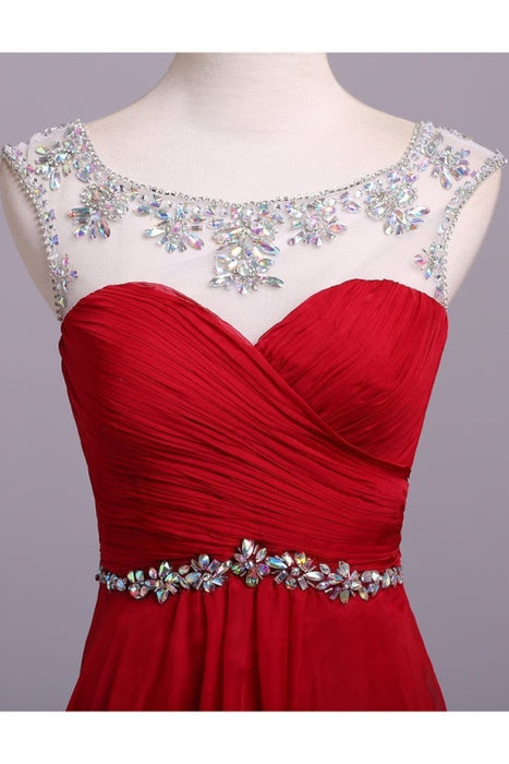 Red Floor Length Chiffon Prom with Crystals A Line Pleated Evening Dress - Prom Dresses
