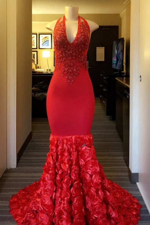 Red Floral Halter Lace Sequins Mermaid Prom Dresses - Prom Dresses