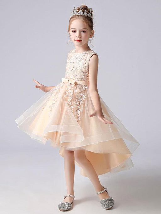Flower Girl Dresses Jewel Neck Lace Sleeveless Knee-Length A-Line Bows Red Kids Social Party Dresses