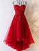 Red High Low Strapless Lace Tulle Prom Dresses, Red Lace Formal Evening Dresses, Red Graduation Dresses
