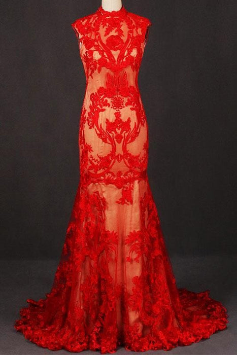 Red High Neck Sleeveless Evening Dress Lace Tulle Prom Dresses - Prom Dresses