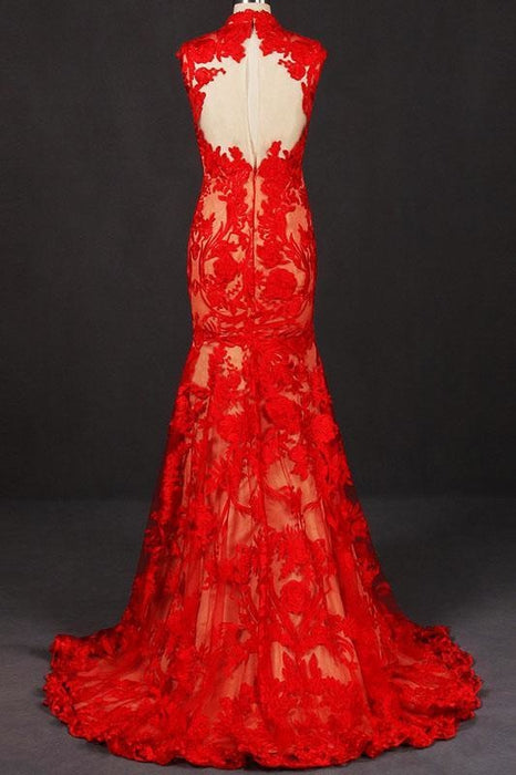 Red High Neck Sleeveless Evening Dress Lace Tulle Prom Dresses - Prom Dresses