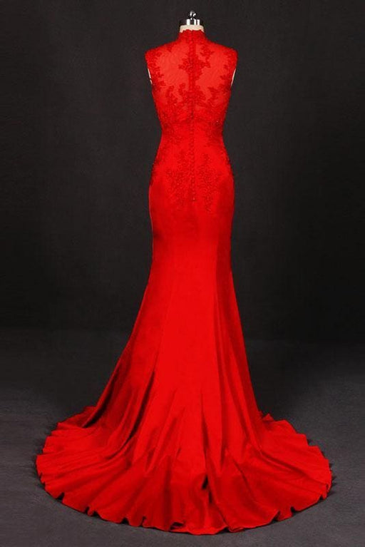 Red High Neck Sleeveless Satin Evening Dress Appliques Prom Dresses - Prom Dresses