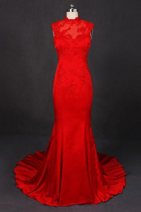 Red High Neck Sleeveless Satin Evening Dress Appliques Prom Dresses - Prom Dresses