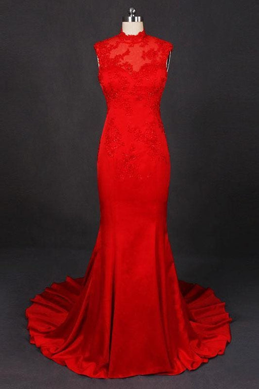 Red High Neck Sleeveless Satin Evening Dress Appliques Prom Dresses - Prom Dresses