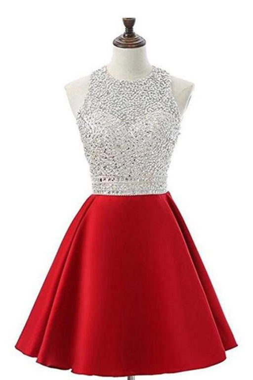 Red Jewel Satin Short Prom Dress with Beads A Line Sparkly Homecoming Dresses - Prom Dresses