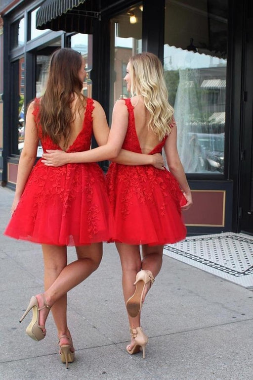 Red Lace Appliqued Tulle Short Prom with Beading Waist V Neck Homecoming Dress - Prom Dresses