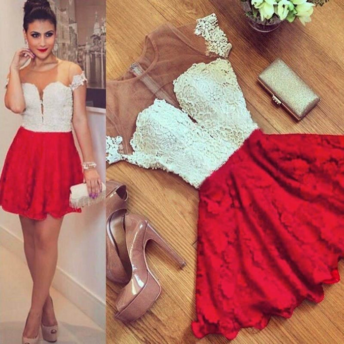Red Lace Short Sleeve Homecoming Dress Cheap Cocktail Party Dresses - Prom Dresses