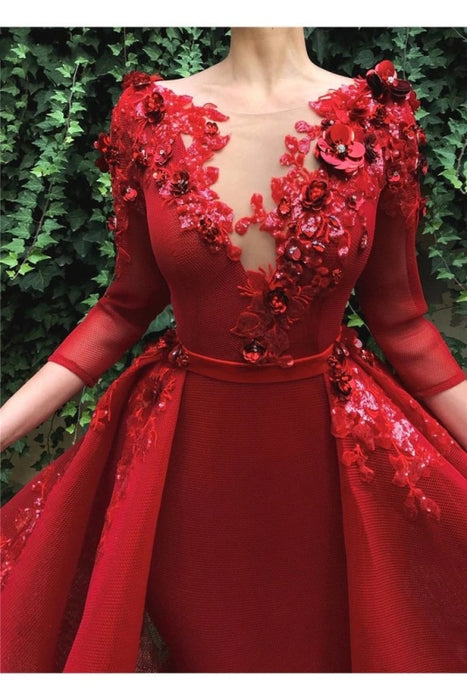 Red Long Prom Dress 3/4 Sleeves Puffy Organza Formal Dresses with Flowers - Prom Dresses