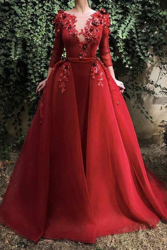 Red Long Prom Dress 3/4 Sleeves Puffy Organza Formal Dresses with Flowers - Prom Dresses