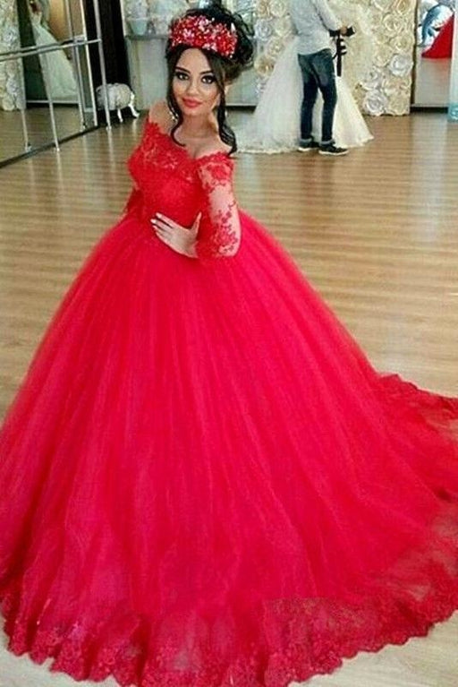 Red Long Sleeve Off-the-shoulder Lace Wedding Dress Ball Gown Quinceanera Dresses - Prom Dresses