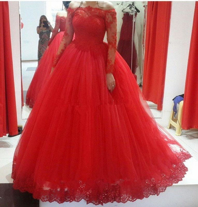 Red Long Sleeve Off-the-shoulder Lace Wedding Dress Ball Gown Quinceanera Dresses - Prom Dresses