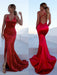 Red Mermaid Backless Satin Long Prom Dresses with Leg Slit Train, Red Mermaid Formal Dresses, Red Evening Dresses