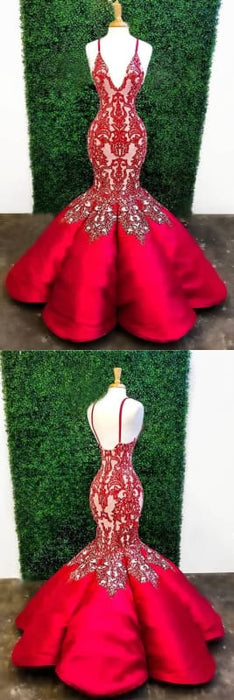 Red Mermaid Deep V Neck Lace Appliques Mermaid Prom Dresses - Prom Dresses