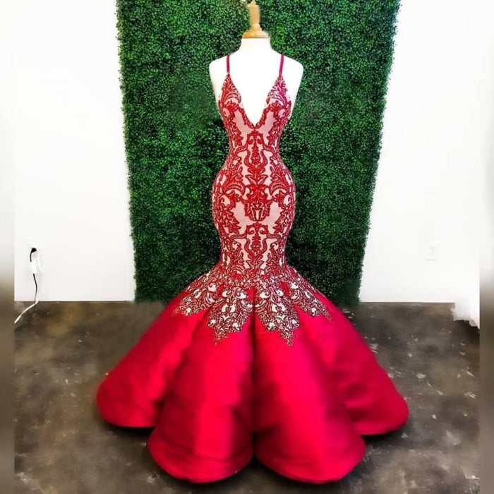 Red Mermaid Deep V Neck Lace Appliques Mermaid Prom Dresses - Prom Dresses