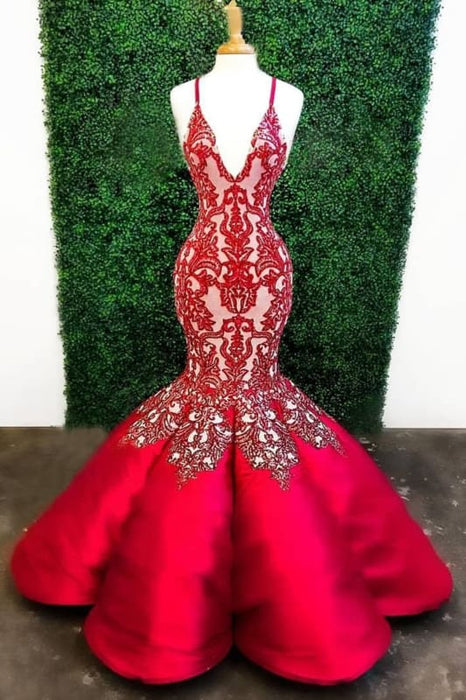 Red Mermaid Deep V Neck Lace Appliques Mermaid Prom Dresses - Prom Dresses