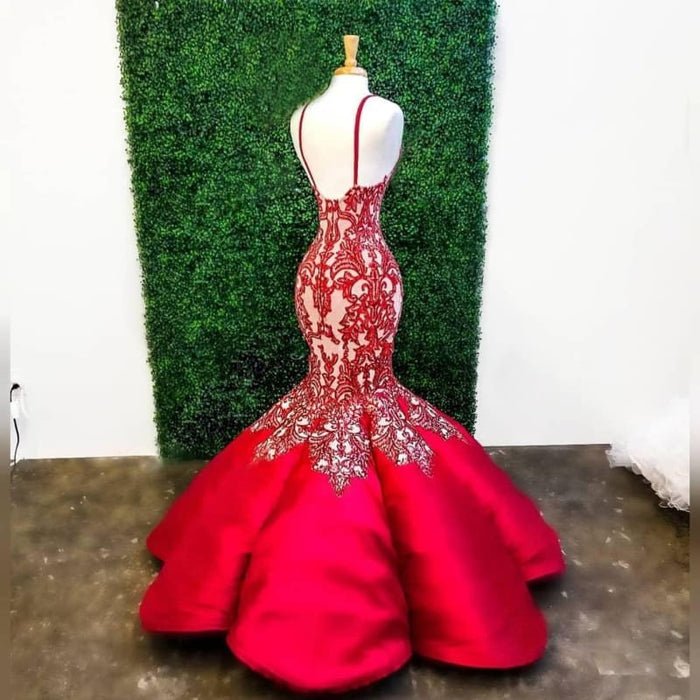 Red Mermaid Deep V Neck Lace Appliques Mermaid Prom Dresses - Prom Dresses