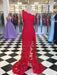 Red Mermaid One Shoulder Lace Long Prom Dresses with High Slit, Mermaid Red Lace Formal Dresses, Lace Red Evening Dresses