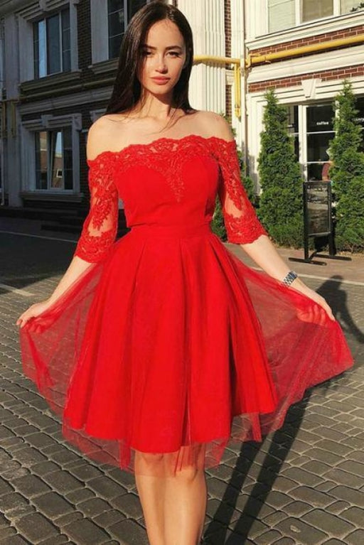 Red Off the Shoulder Knee Length Tulle Homecoming Dresses with Lace - Prom Dresses